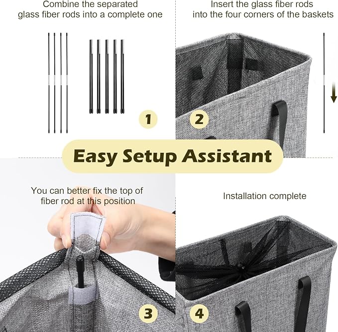 Odonata Slim Laundry Hamper Handles Collapsible Laundry Basket Thin Dirty Clothes Basket Narrow Laundry Bag Foldable Dirty Hamper 45L (Heather Grey) - Image 3