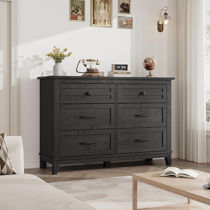 GarveeHome 6 Dresser for Bedroom, 47 in Wide Drawer Dresser with Storage Freestanding, Wooden Closet Storage Chest for Living Room, Bedroom, Entryway, Dark Black