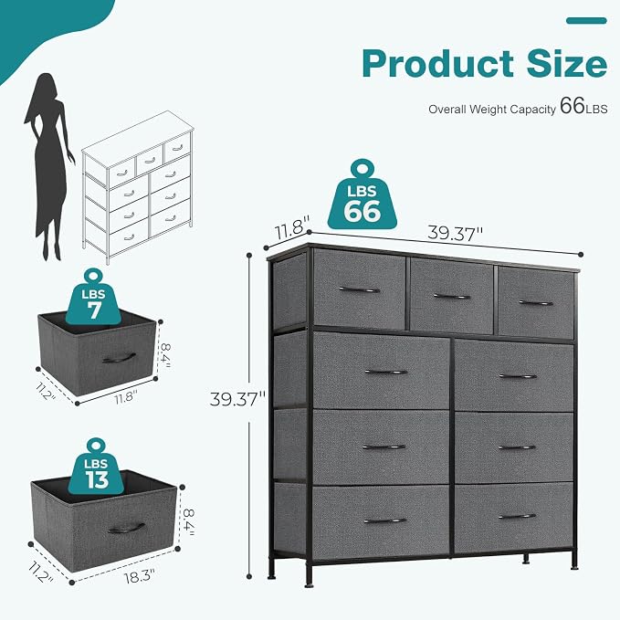 OLIXIS 9 Drawers Storage Organizers Units, Closet Organizers and Storage for Clothes, Fabric Storage Drawer for Living Room, Chest of Dresser in 39.4" D x 11.8" W x 39.9" H, Grey - Image 3