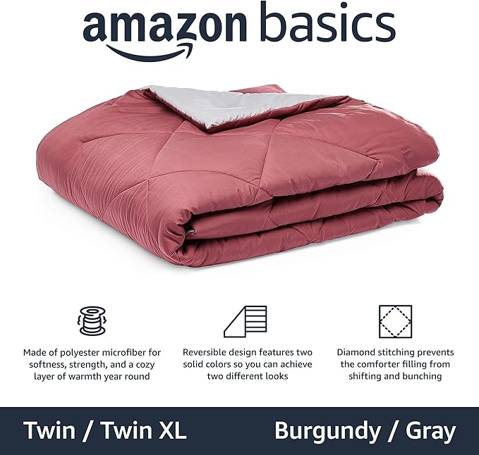 Amazon Basics Reversible Lightweight Microfiber All Season Comforter Blanket, Twin/Twin XL, Burgundy/Grey