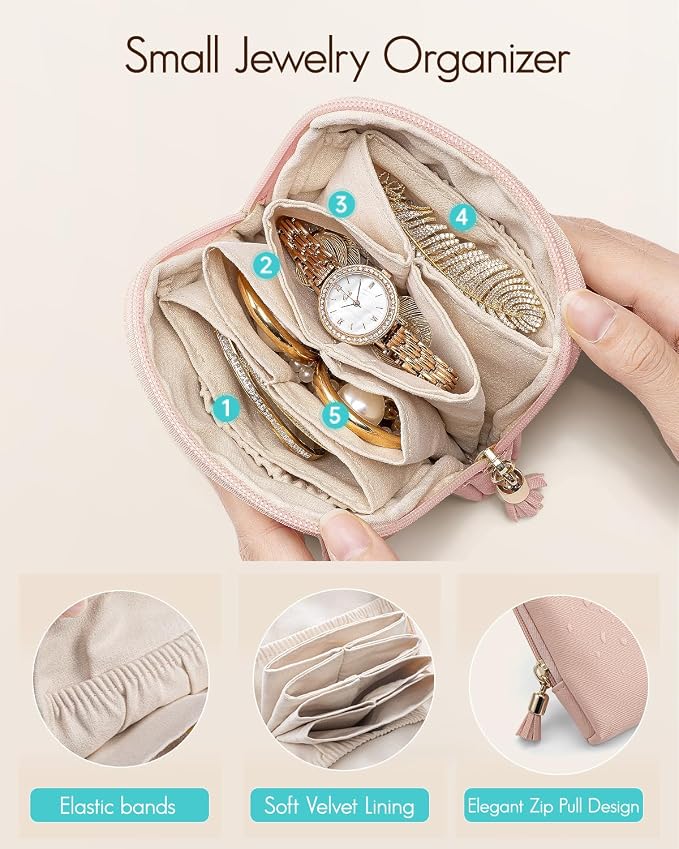 VLANDO Mini Jewelry Travel Case,Jewelry Pouch Bags with Zipper, Velvet Jewelry Organizer Storage Bag for Bracelet Rings Earring Travel Essentials Gifts for Women Girl - Pink - Image 3