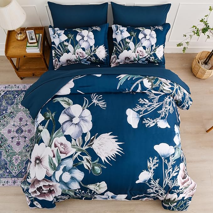 Luxudecor Floral Comforter Set King Size 7 Piece, Navy Flower Bed in a Bag, Elegant Comforter Bedding Set for All Season (Navy, 104"x90")