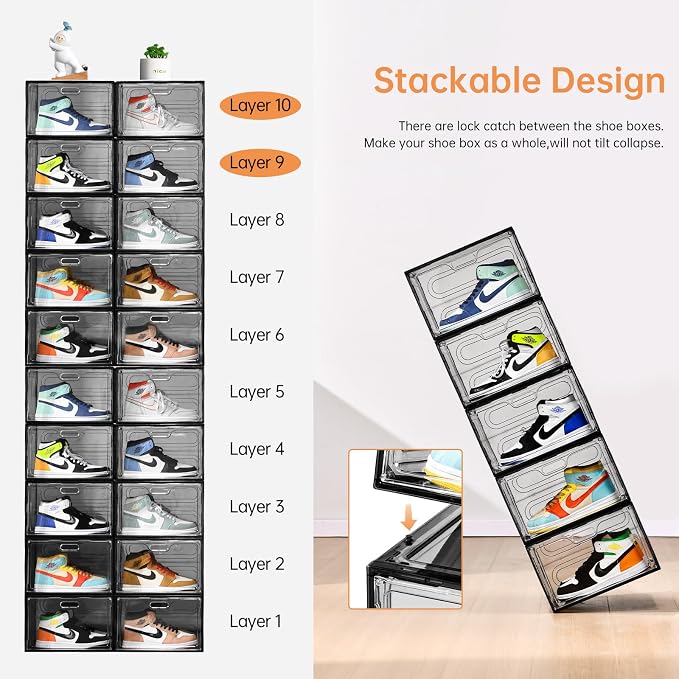 Amllas New Gray 8 Pack Shoe Boxes Stackable, Large Shoe Storage Organizer with Lids,Drop Side Shoe Containers for Entryway,Sneaker Storage Fit up to US Size 13 for Men/Women(13’’x 10.6”x 8.3”) - Image 9