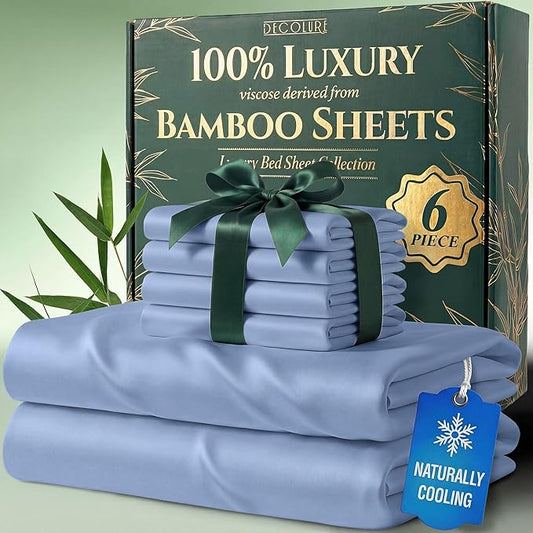 DECOLURE 100% Viscose Derived from Bamboo Sheets Full Size - Luxury 6 Pc Naturally Cooling Sheets, Ultra Soft Bed Set - Deep 17" Pockets, Durable Double Stitching, Oeko Tex Standard (Light Blue)
