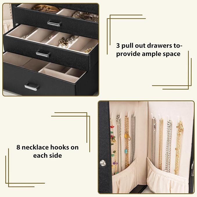 AKOZLIN 4-Tier Jewelry Box Lockable Leather Jewelry Storage Case Organizer with 3 Drawers for Women Girls Ring Necklace Earring Bracelet Watches Holder with Mirror - Image 5