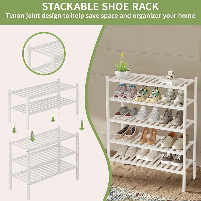 ROMGUAR CRAFT 2 Tier Bamboo Shoe Rack for Closet Free Standing Wood Shoe Shelf for Entryway Small Space Stackable 27"x11"x13" (White) - Image 5