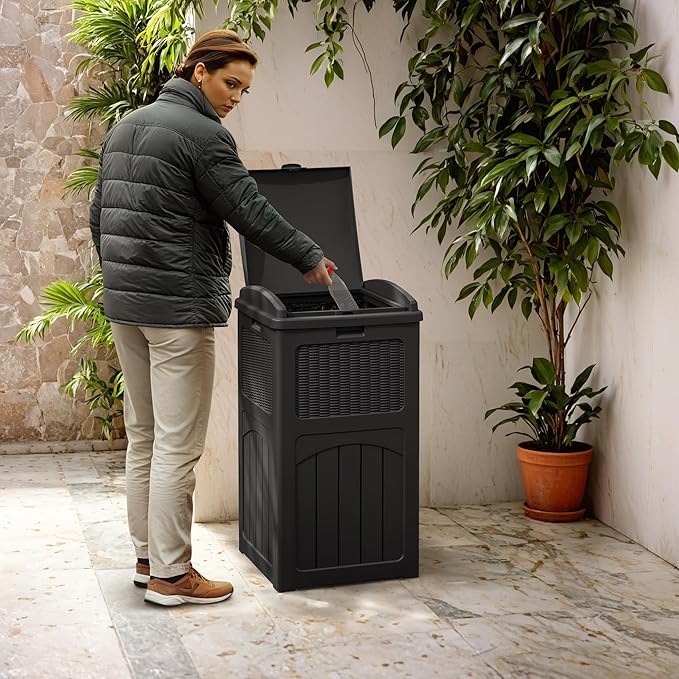 Greesum 33 Gallon Outdoor Trash Can with Lid, Waterproof Resin Garbage Bin for Hideaway, Deck, Patio, Dark Black - Image 5