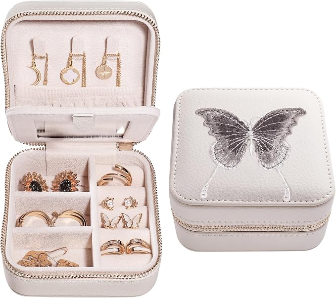 S.Leaf Travel Jewelry Organizer Boxes for Women Small Portable Necklace Earrings Bracelet Rings Travel Case Best Friend Birthday Gifts for Women Trendy (Butterfly_Beige_Gray) by SLeaf
