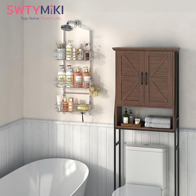 SWTYMIKI Shower Caddy Hanging Organizer - 3-Tier Rustproof Shower Organizer Over Showerhead with Adjustable Baskets, 24 Hooks, Soap & Razor Holder - No Drill Large Bathroom Storage Rack, Silver - Image 2