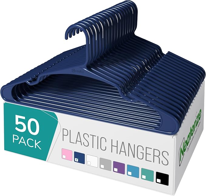 NEATERIZE Clothes Hangers Plastic 50 Pack for Adults - Plastic Hangers, The Perfect Coat Hanger and Space Saving Clothes Hangers for Closet, Percheros Ganchos para Colgar Ropa Hangars - Navy Hangers by Neaterize
