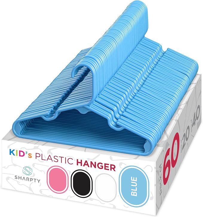 Sharpty Kids Plastic Hangers, Children's Hangers for Baby, Toddler, and Child Clothes - Everyday Standard Use - Ideal for Boys and Girls Closet, Clothing, Pants, Coats, and More - Blue, 60 Pack by Sharpty