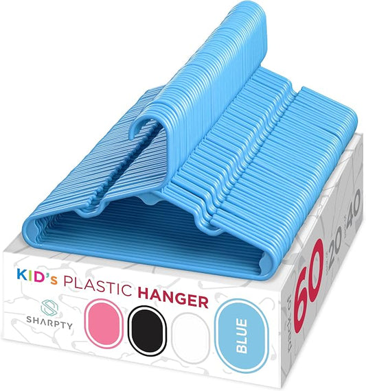 Sharpty Kids Plastic Hangers, Children's Hangers for Baby, Toddler, and Child Clothes - Everyday Standard Use - Ideal for Boys and Girls Closet, Clothing, Pants, Coats, and More - Blue, 60 Pack by Sharpty