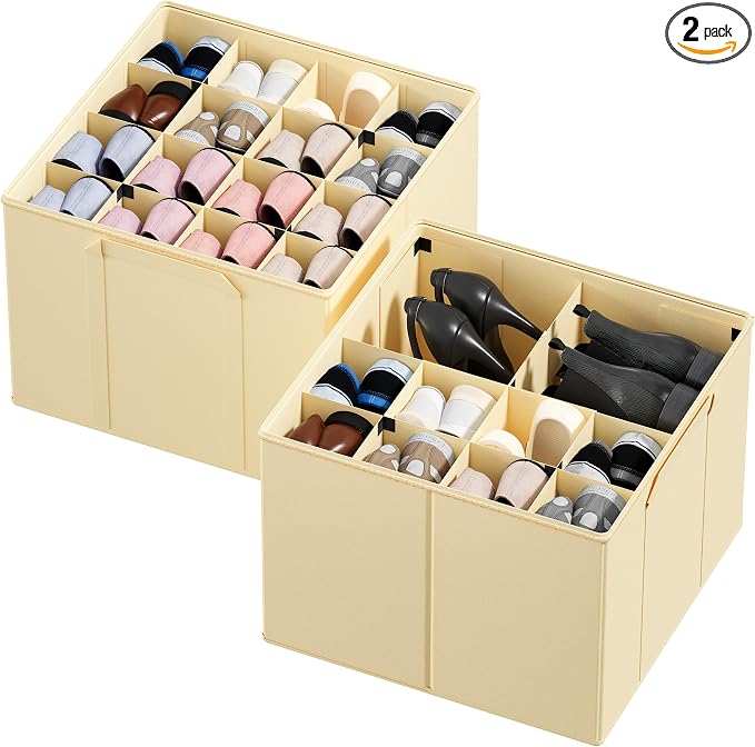 SpaceAid Shoe Organizer for Closet, 2 Pack Foldable Shoe Storage Containers Baskets Boxes Bins w/Adjustable Dividers, Fits 16-32 Pairs, Beige by SpaceAid