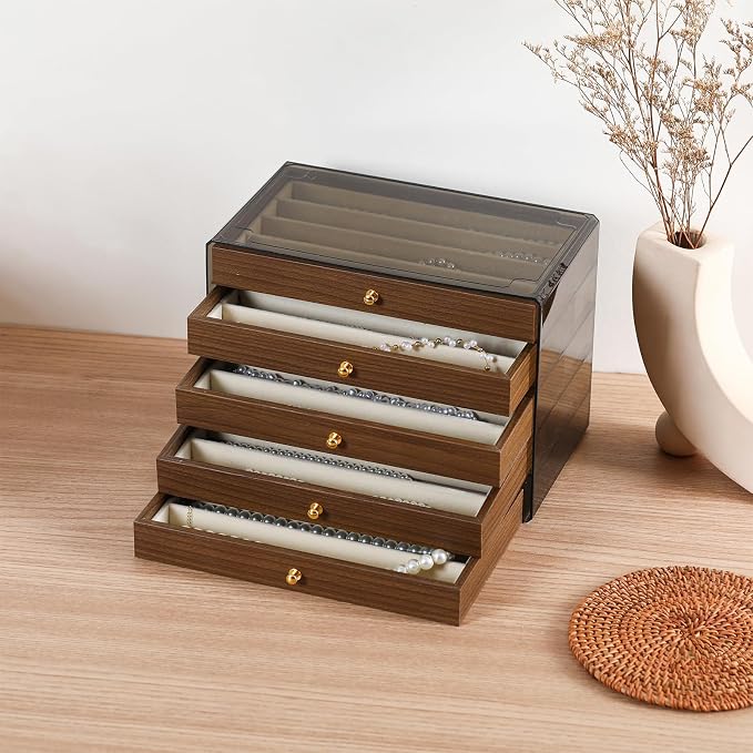 CLUQMEIK 5 Layer Necklace Jewelry Box, Vintage Wooden Jewelry Box with Acrylic Cover Stackable Necklace Storage Organizer for Women and Girls to Storing Necklaces - Image 6
