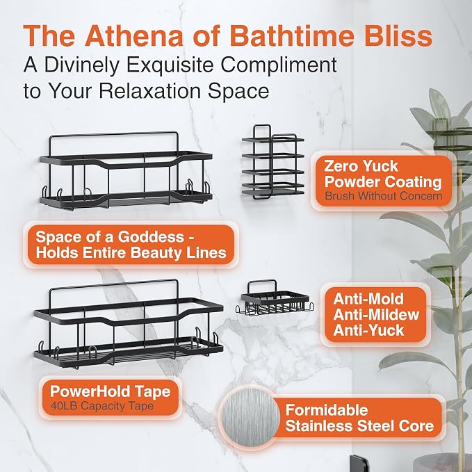 Shower Caddy Bathroom Shelves, The Athena Silken 4 Set, 40LB Capacity, Adhesive Tape No Drill - Rustproof -Gorgeous Powder Coated 304 Stainless Steel Shower Organizer for kitchen & Home Decor - Black - Image 4