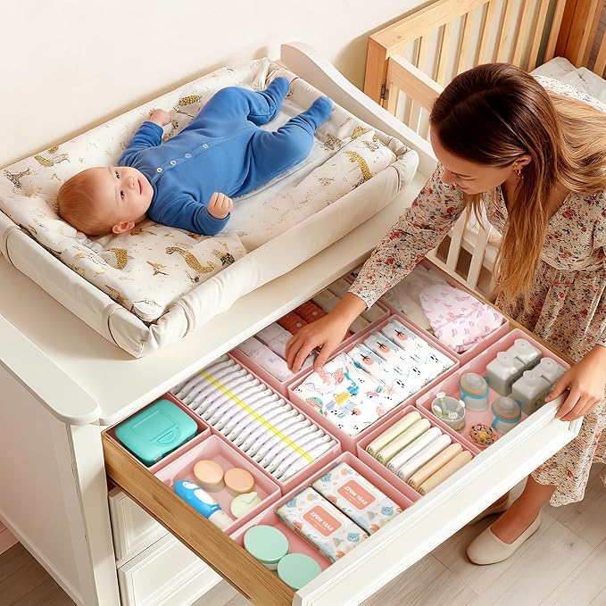 DIMJ Drawer Organizers Clothes, Set of 16 Dresser Organizer Bins, Fabric Closet Organizers and Storage, Shallow Drawer Dividers for Nursery, Clothing, Baby Clothes, Socks, Underwears, Tie (Pink) - Image 5