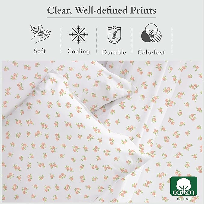 California Design Den Full Sheet Set Floral Pattern, 100% Cotton, Deep Pocket Full Sheets & Pillowcase Set, Soft Sateen Weave - Chic Floral