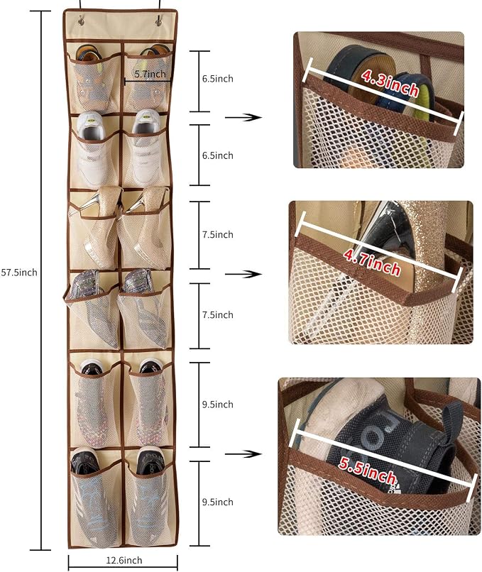 KEEPJOY Over The Door Shoe Organizer,Hanging Shoe Organizer 12 Mesh Pockets Shoe Organizer for Closet,Works Well for Men and Woman Kids Shoes Storage, 57.5×12.6inch(Beige) - Image 3
