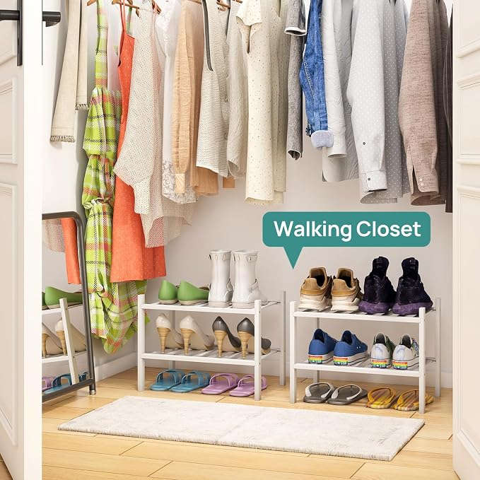 viewcare White Small Shoe Rack for Entryway,2-Tier Bamboo Shoe Organizer for Hallway Closet, Free Standing Shoe Racks for Indoor Outdoor - Image 4