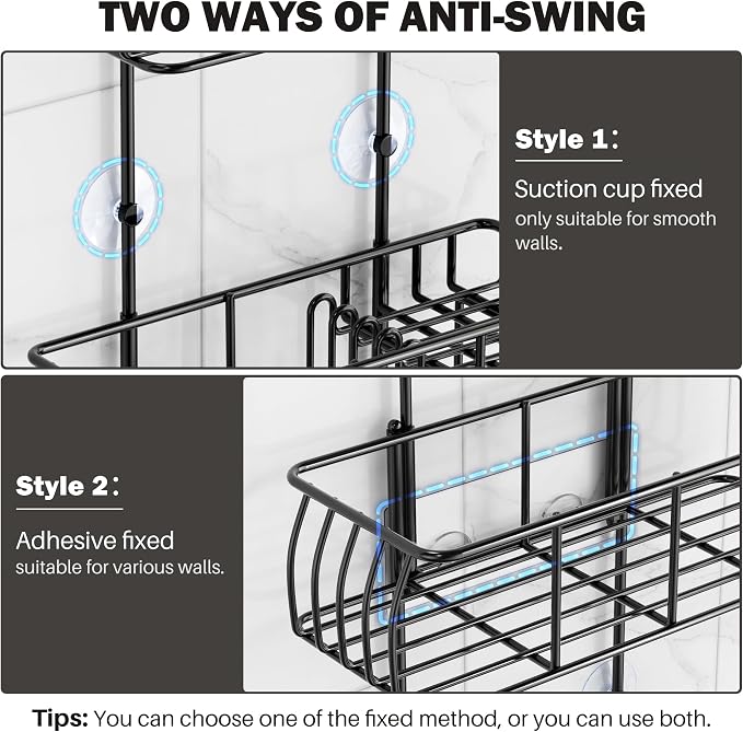 Epicano Shower Caddy Hanging, Anti-Swing Over Head Shower Caddy Rustproof with Hooks for Towels, Sponge and More, Matte Black - Image 5