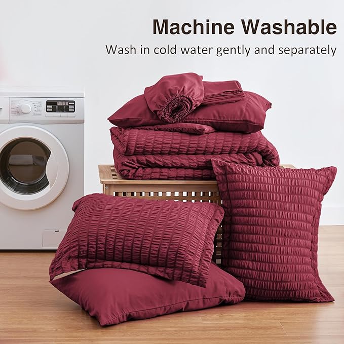 Love's cabin Seersucker Burgundy Full Comforter Set, 7-Piece All Season Lightweight Bed in a Bag Bedding Set with Comforter, Flat Sheet, Fitted Sheet, Pillowcases and Shams | Soft, Breathable, Lightweight