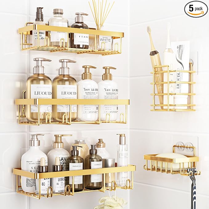 Liuoud 5 Pack Shower Caddy Organizer Rack Shelf for Inside Shower, Self Adhesive Wall Storage Basket Rustproof Stainless Steel Shampoo Holder Bathroom Accessory Decor Set, Gold by Liuoud