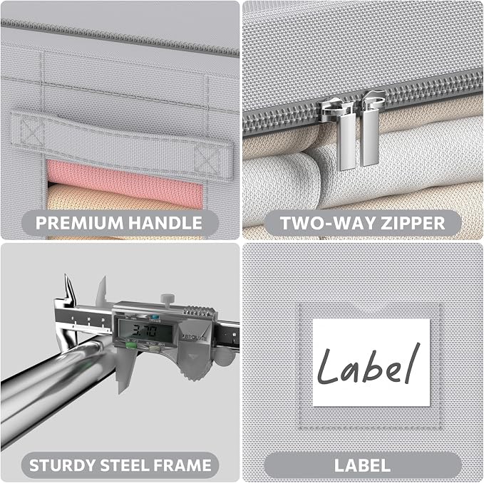 CYhom 3Pack Frame Storage Box - Clothes Storage Bin Bags Oxford Fabric Foldable Stackable Container Organizer Set with Clear Window & Carry Handles Large Capacity (Grey, Large-66L) - Image 5