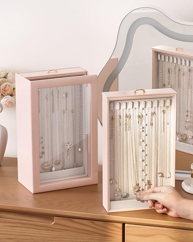 Lolalet Upgraded Double-Sided Hanging Necklace Organizer Box, Jewelry Display Case with Double-Sided Clear Window for Necklaces Bracelets, Tangle-Free Necklace Storage Box, Mothers Day Gift - Image 3