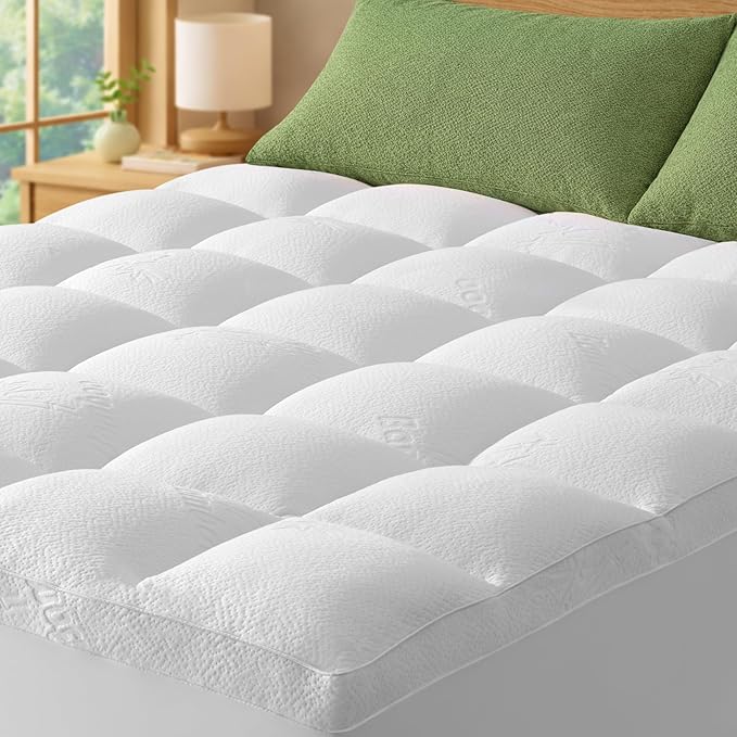 Queen Size Mattress Topper - Plush & Soft Viscose Derived from Bamboo Mattress Pad, Naturally Cooling & Perfect for Back Pain Relief, Snow White