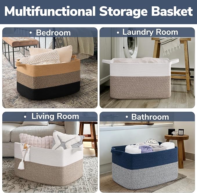 Goodpick Large Blanket Basket 22" x 17" x 12" Woven Storage Baskets for Organizing, Decorative Cotton Rope Basket for Living Room Home Decor, Toy Baskets for Kids, Mixed Blue - Image 5