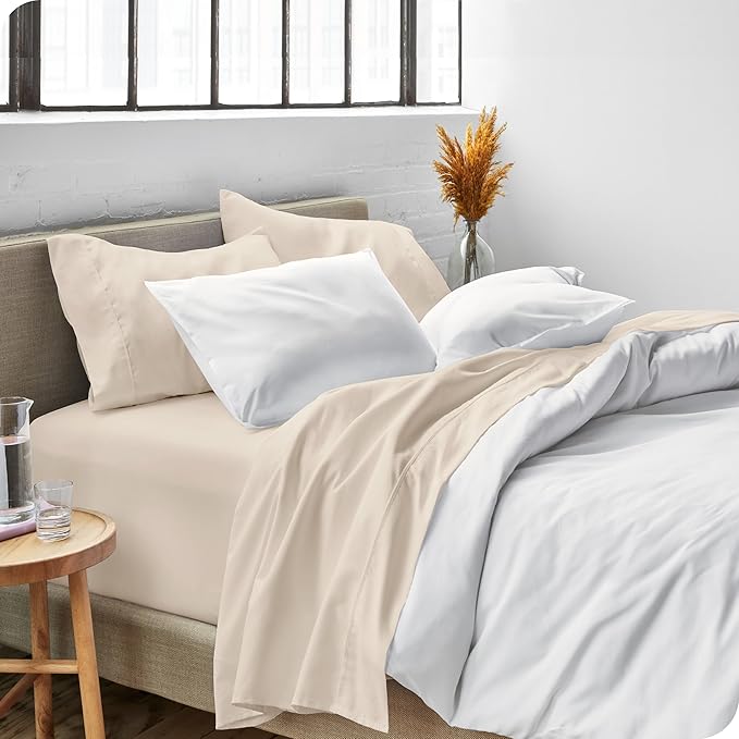 Bare Home Short Queen Sheet Set - 1800 Ultra-Soft Microfiber Bed Sheets - Double Brushed - Deep Pockets - Easy Fit - 4 Piece Set - Bedding Sheets & Pillowcases (Short Queen, Sand)