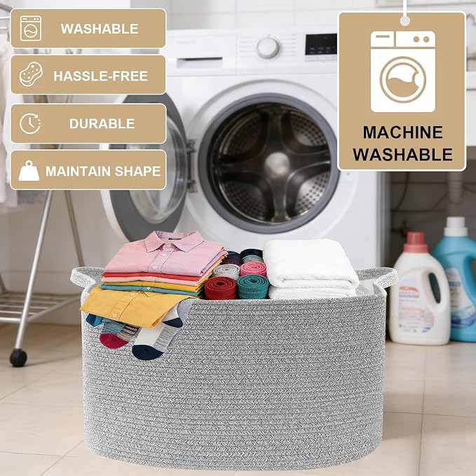 96L Large Blanket Basket,24"x16"x15"Rectangle Storage Bin with Handles,Woven Rope Laundry Basket for Toys, Clothes,Magazines,Home Organization,Nursery,Living Room & Bedroom,Grey - Image 6