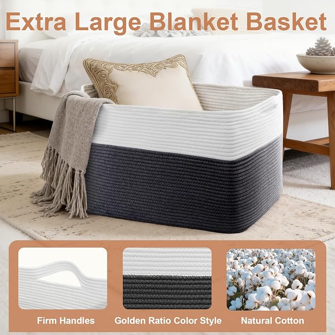 75L Large Blanket Basket, Rectangular Cotton Rope Basket, Laundry Hamper for Blankets, Pillows, Extra Large Toys Storage Bins for Kids, Dogs 22" x 17" x 12", White & Black - Image 3