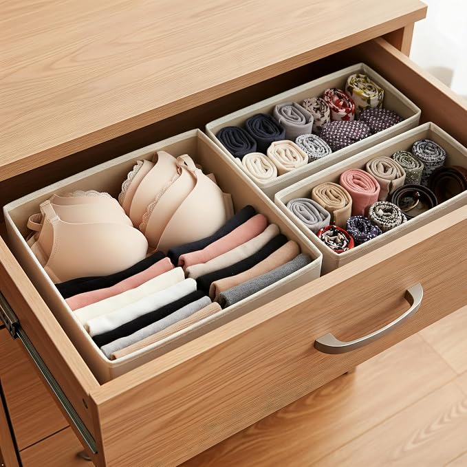 Underwear Drawer Organizer 2 Pack - Foldable Fabric Storage Bins for Dresser & Closet, Khaki Sock and Bra Dividers, 2 Sizes for Bedroom Organization - Image 4