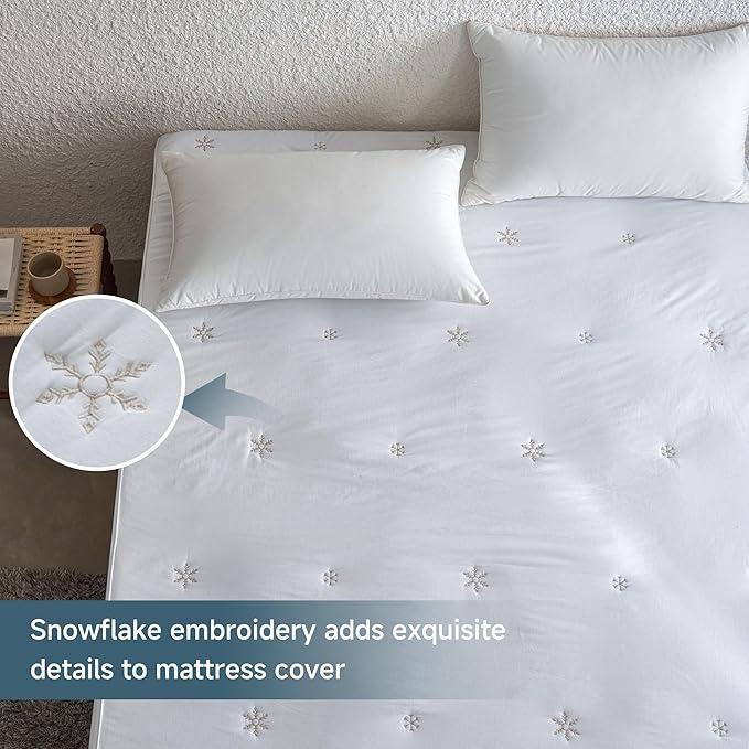 Simple&Opulence Queen Size Mattress Pad Protector, 100% Cotton Top Cooling Breathable Quilted Mattress Cover Fitted Sheet Stretches up to 16 Inches Deep Pocket Non Slip Soft Bedding Pad Topper-White
