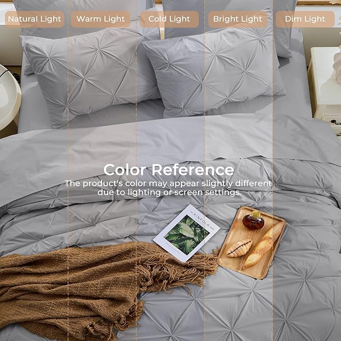 Sasttie Queen Comforter Set, 7-Piece Bed in a Bag, Pintuck Bedding Sets for All Season, Includes Comforter, Flat Sheet,Fitted Sheet, Pillowcases and Pillowshams, Light Grey