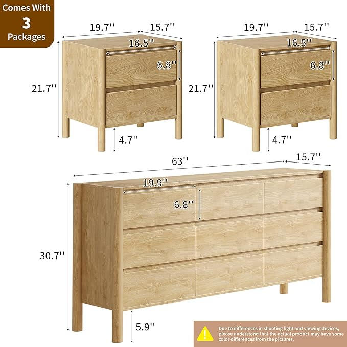 CHUWELL 3-Piece Bedroom Dresser Set-9 Drawer Dresser & 2 Nightstands,63" Wide Dresser and Night Stands with Solid Wood Cylindrical Legs,Rustic Wooden Storage for Bedroom(Oak)
