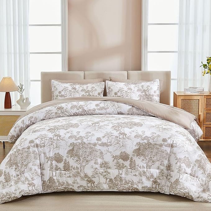 DJY Khaki Comforter Set Full Size,7 Pieces Bed in a Bag Botanical Comforters with Sheets Elegant Plants Print Soft Microfiber Reversible Complete Bedding Sets for All Season