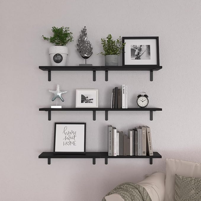 WOPITUES Wood Floating Shelves Set of 6, Shelves for Wall Decor, Farmhouse Shelf for Bedroom, Bathroom Storage Shelves, Book Shelves for Living Room-Black - Image 6