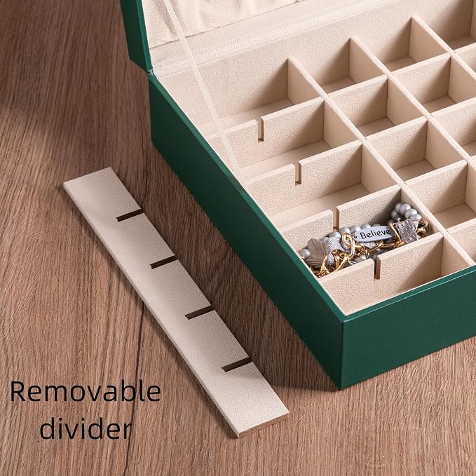 Frebeauty Earring Organizer Classic Jewelry Box 50 Slots Double Layer Jewelry Storage Case with 6 Necklace Hook and Bracelet Pocket(Blackish Green) - Image 5