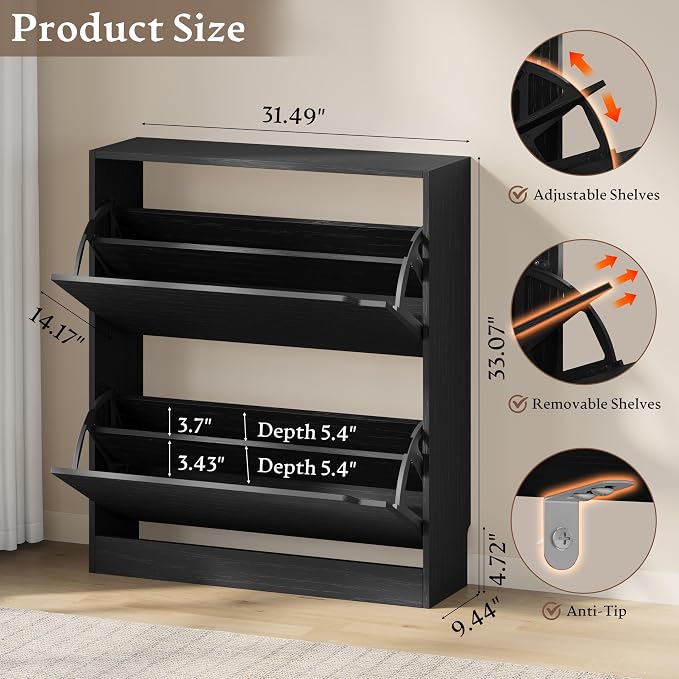 BORNOON Shoe Cabinet with 2 Flip Drawers, Slim Narrow Shoe Storage Cabinet, Freestanding Shoe Organizer with Adjustable & Removable Shelves, Top Display Shelf for Entryway, Hallway, Foyer, Closet - Image 2