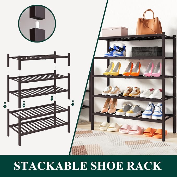 Smiry Shoe Rack, 6 Tier Thick Bamboo Shoe Organizer, Stackable Free Standing Wooden Shoe Storage Shelf for Closet, Entryway, Front Door Entrance, Brown - Image 4