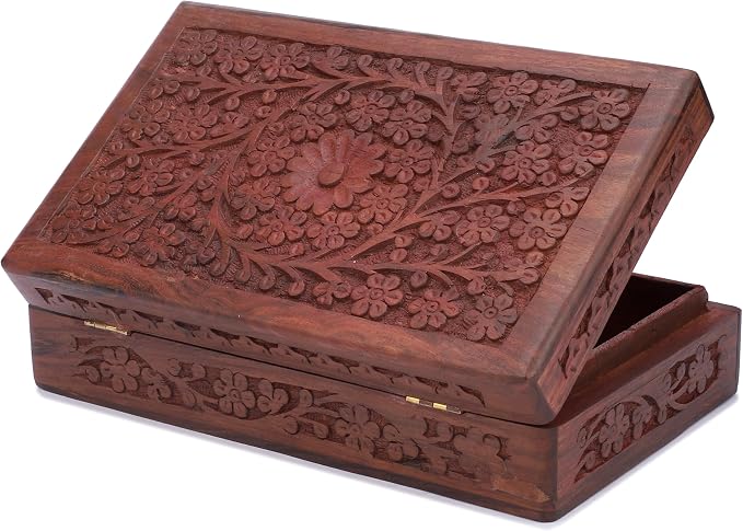 Ajuny Wooden Handcarved Decorative Jewelry Storage Box Flower Design Multipurpose Treasure Chest Keepsake Organizer Necklaces Watch Boxes Great for Gifts 8x5 Inch - Image 2