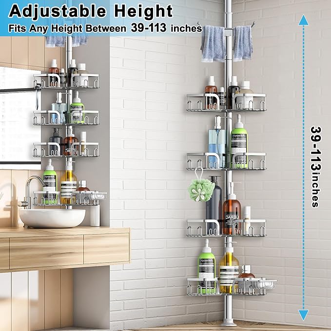 Corner Shower Caddy Tension Pole 4 Tier Adjustable Stainless Steel Shower Shelf for Inside Shower Bathtub Shampoo,Standing Bathroom Organizer Shelves with 39 to 113 inch Height - Image 3