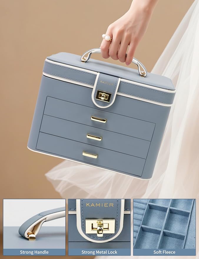 KAMIER Jewelry Boxes for Women, 4 Layer Jewelry Organizer with Mirror, 3 Drawers, Large Jewelry Box for Bracelets, Earrings, Rings, Necklaces, Mothers Day Gifts for Loved One, Bluish Grey - Image 4