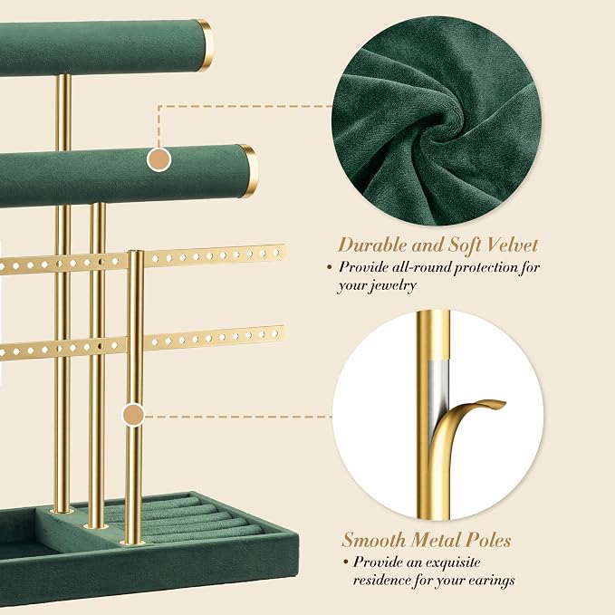 bussdis 3 Tier Bracelet Holder Display - Detachable T Bar Dark Green Velvet Bracelet Holder, Jewelry Holder Organizer for Bracelet, Necklace, Earrings, Rings - Image 2