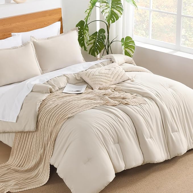 Andency Beige Oversized King Comforter Set - 7 Pieces Cream Bed in a Bag Oversize Bedding Comforter Sets, Summer Solid Soft Lightweight Comforter with Fitted Sheets, Flat Sheets, Pillowcases & Shams