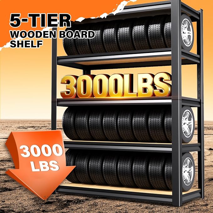 78''H*46''W Storage Shelves,3000LBS Garage Shelving ,Adjustable Garage Shelves ,Heavy Duty Metal Shelving, 5 Tier Wood Utility Steel Shelf, Shelving Units and Storage Rack fo Kitchen Pantry Laundry - Image 6