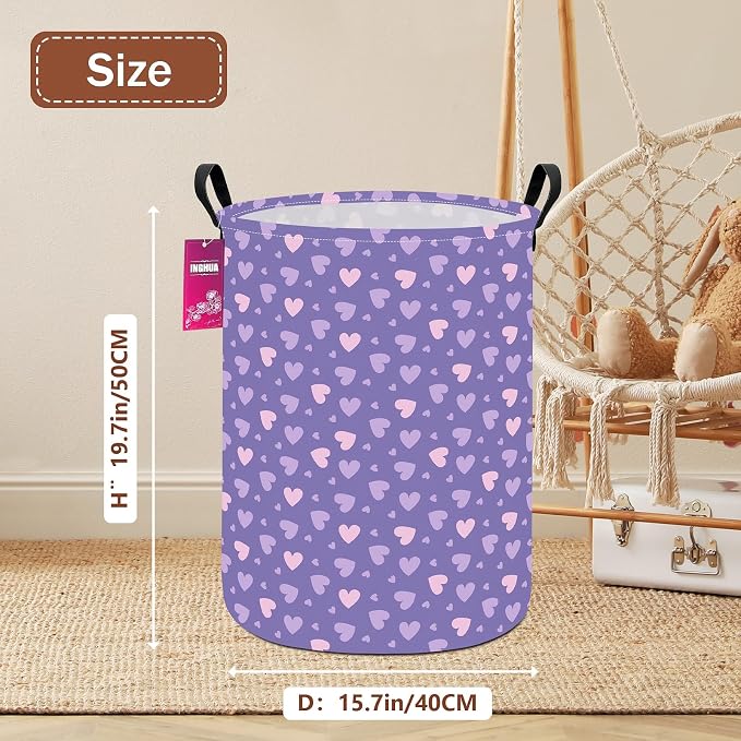 Laundry Hamper Large Canvas Fabric Lightweight Storage Basket/Toy Organizer/Dirty Clothes Collapsible Waterproof for College Dorms, Boys and Girls Bedroom,Bathroom(Purple hearts) - Image 2