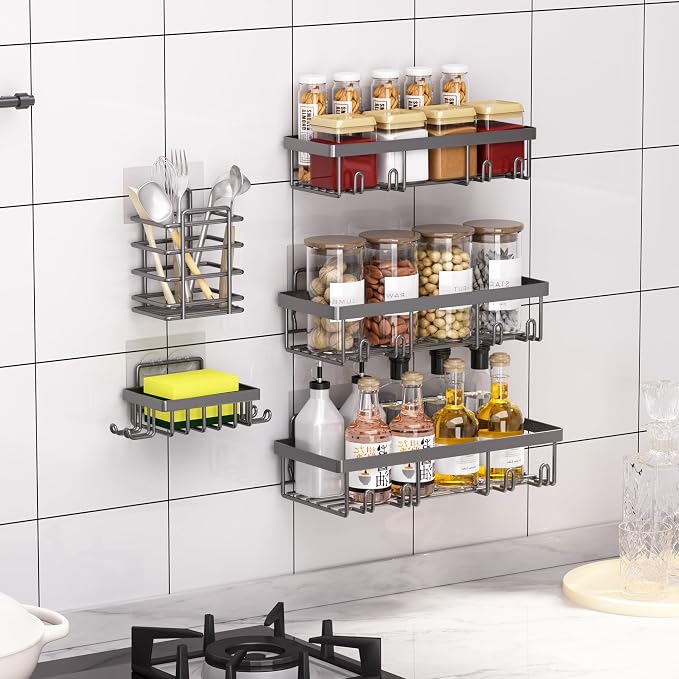 Liuoud 5 Pack Shower Caddy Organizer Rack Shelf for Inside Shower, Self Adhesive Bathroom Wall Storage Basket Rustproof Stainless Steel Large Capacity Shampoo Holder, Dark Grey - Image 9